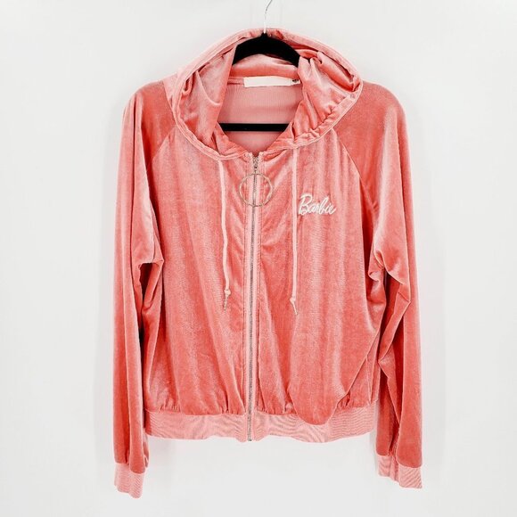 BARBIE Missguided Velvet Pink Hoodie Jacket Barbiecore - Picture 1 of 9